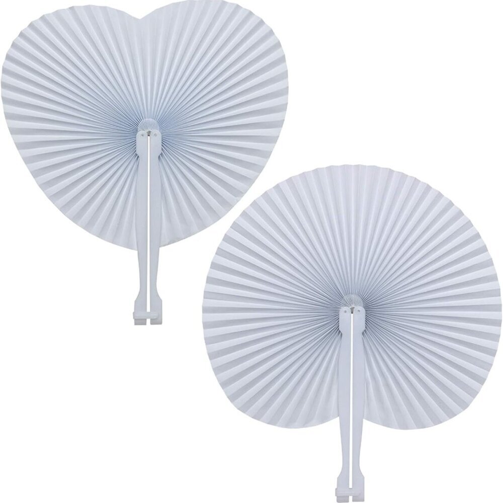 50 Pack White Folding Fans- Round and Heart Shaped Handheld Folding Accordion Pa